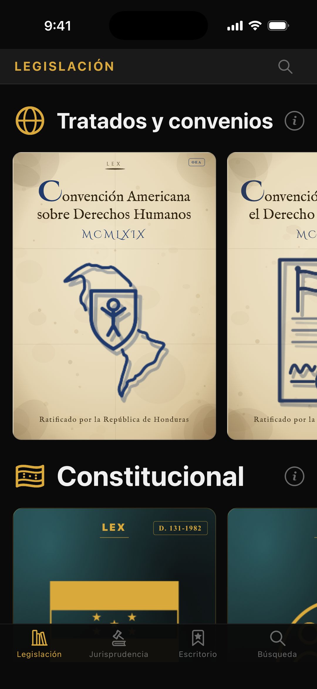 Lex: la biblioteca de Legislación, con las portadas de Tratados y convenios y de Constitucional