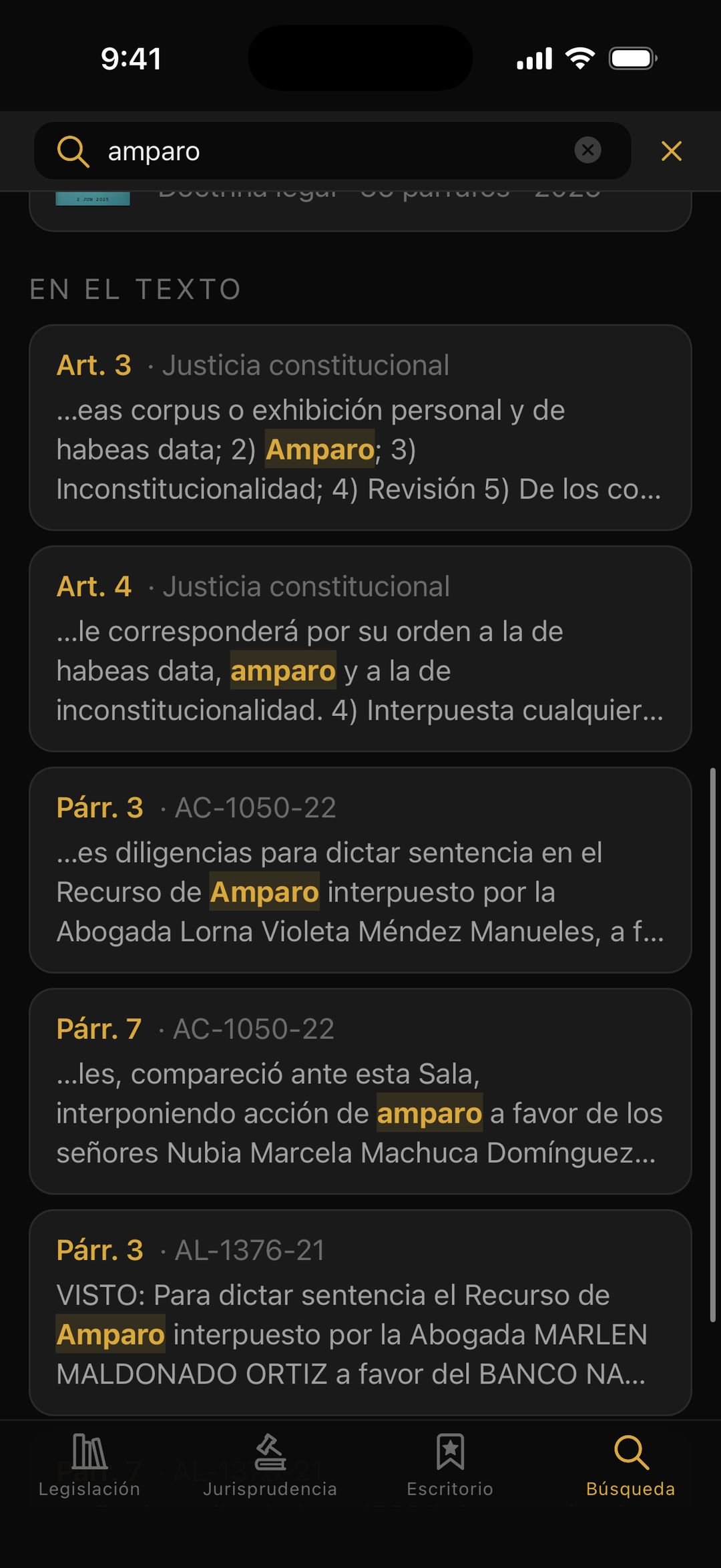 Búsqueda de «amparo»: artículos de la Ley sobre Justicia Constitucional y párrafos de sentencias en la misma lista