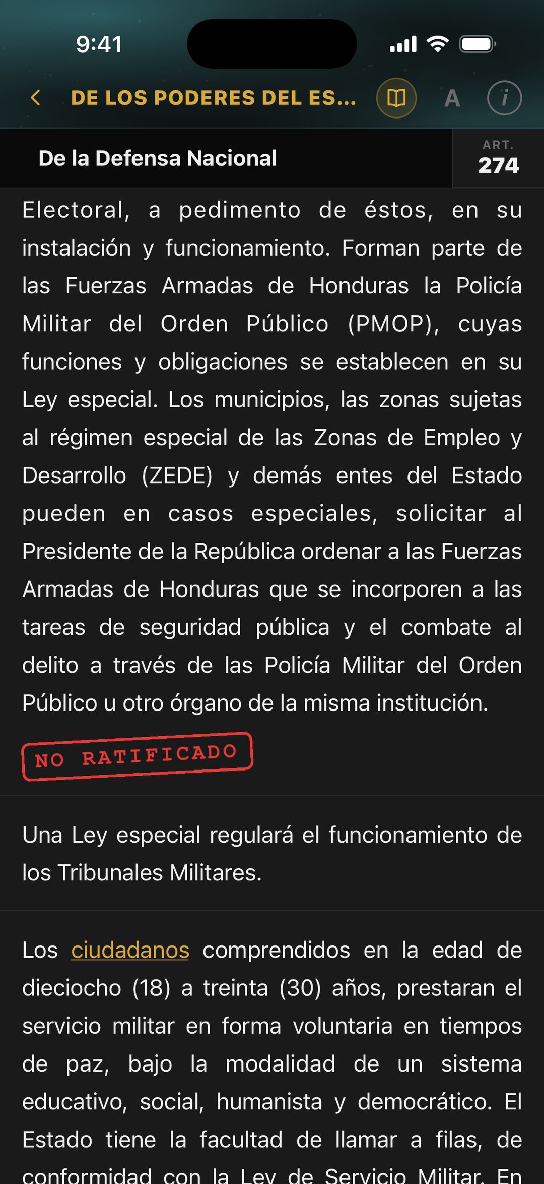 Constitución, artículo 274, con el sello NO RATIFICADO