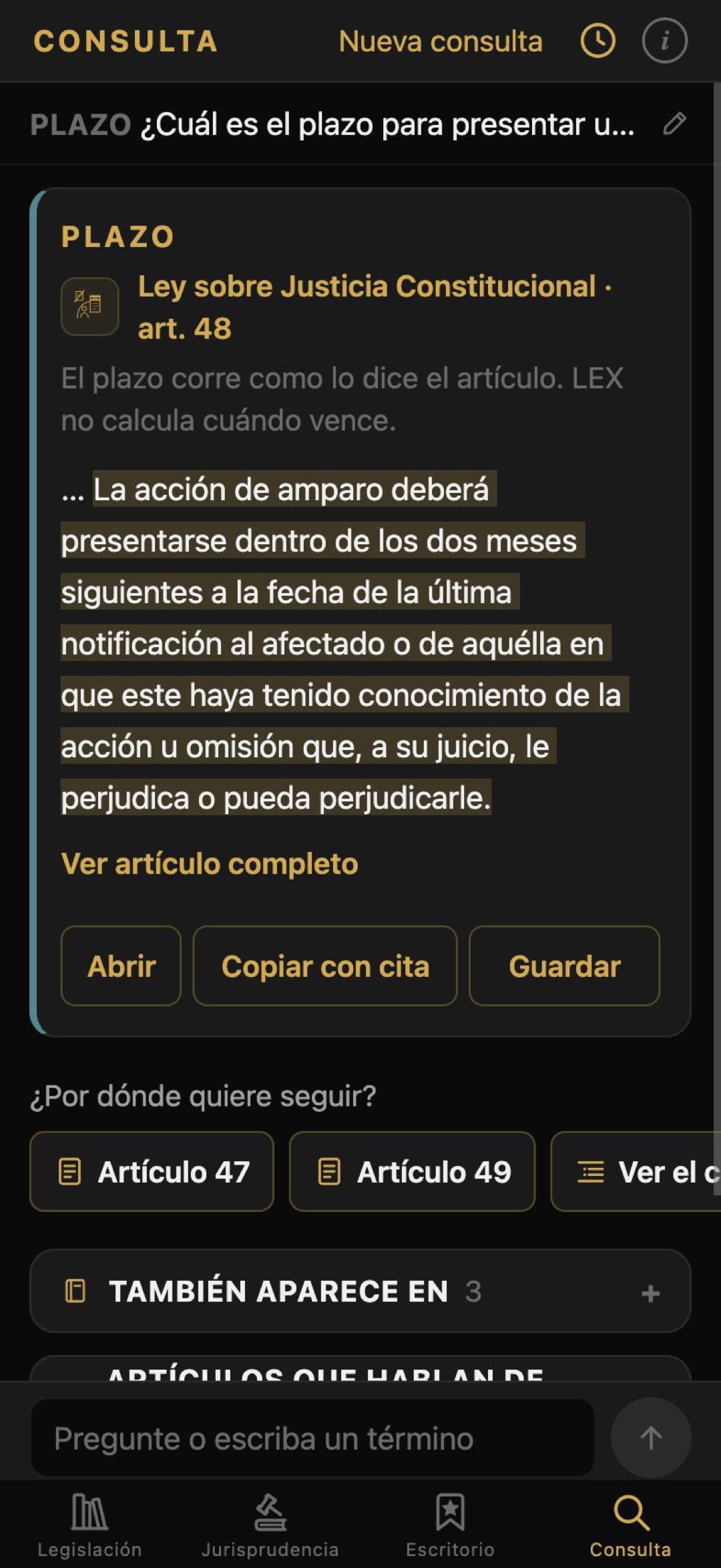 La consulta contesta cuál es el plazo para presentar un amparo con el artículo 48 de la Ley sobre Justicia Constitucional