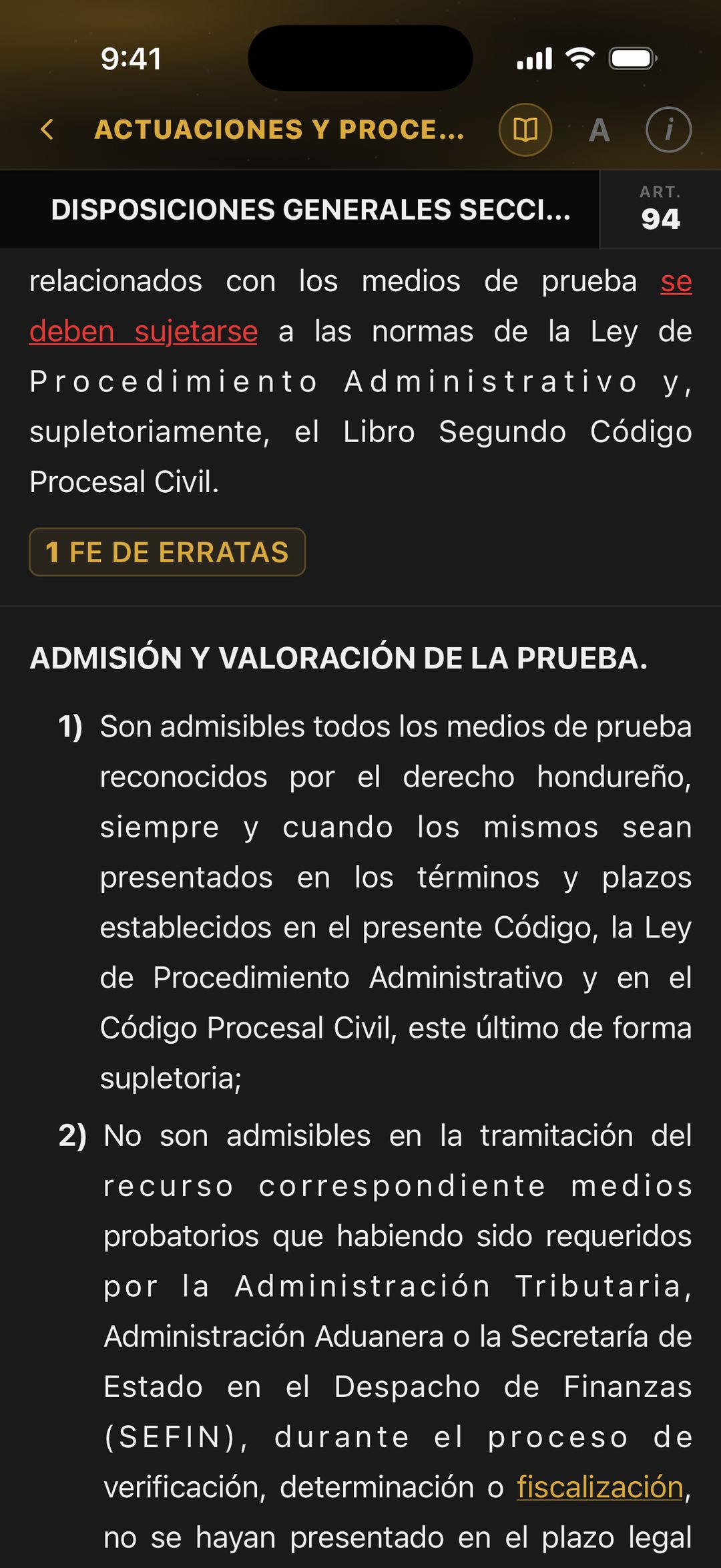 Código Tributario, artículo 94, con la errata marcada en rojo