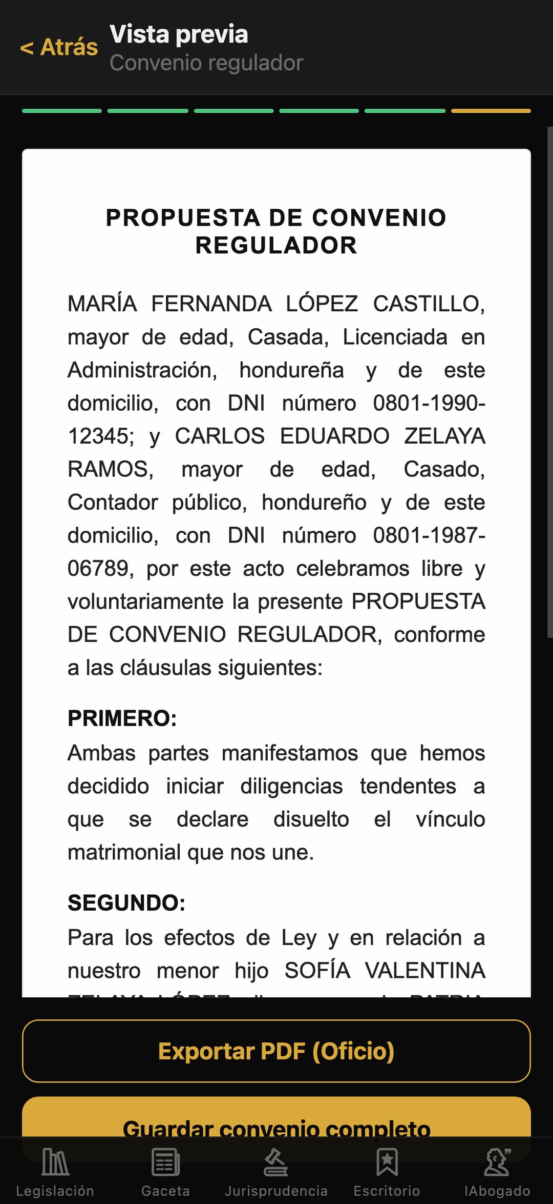Vista previa de una propuesta de convenio regulador armada con los datos de los dos cónyuges