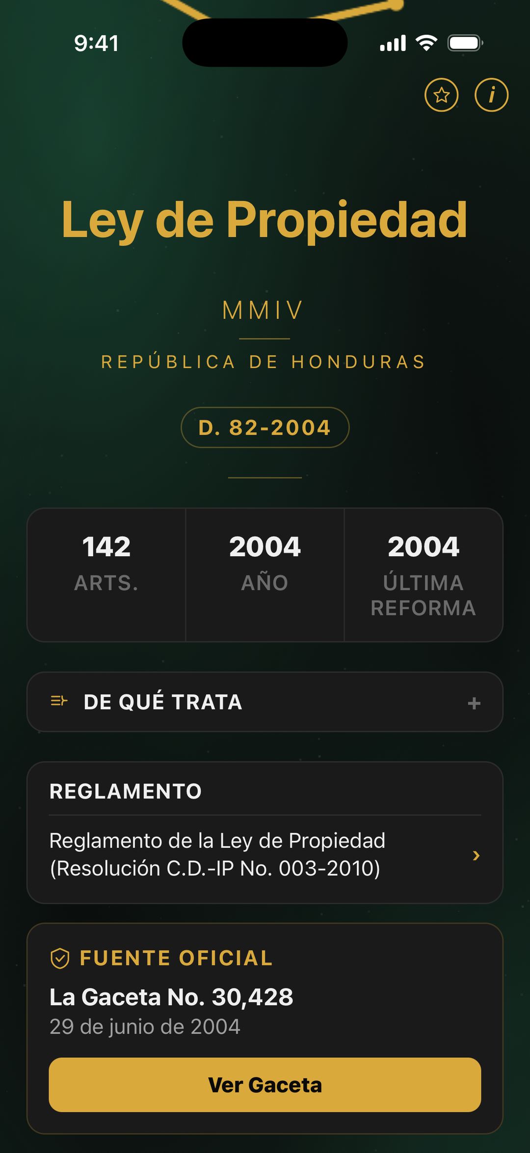 Ficha de la Ley de Propiedad con su reglamento y su fuente oficial en La Gaceta