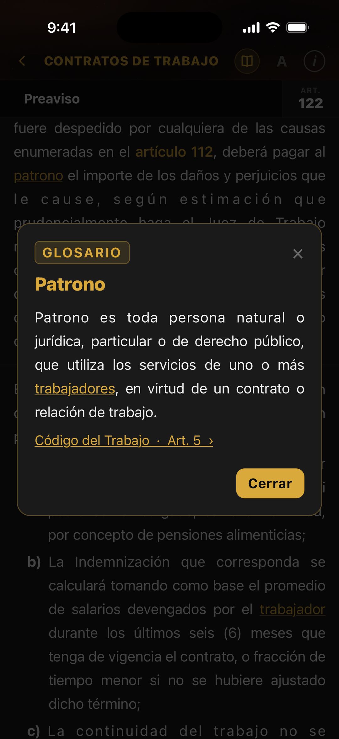 Definición de patrono en el glosario, del artículo 5 del Código del Trabajo