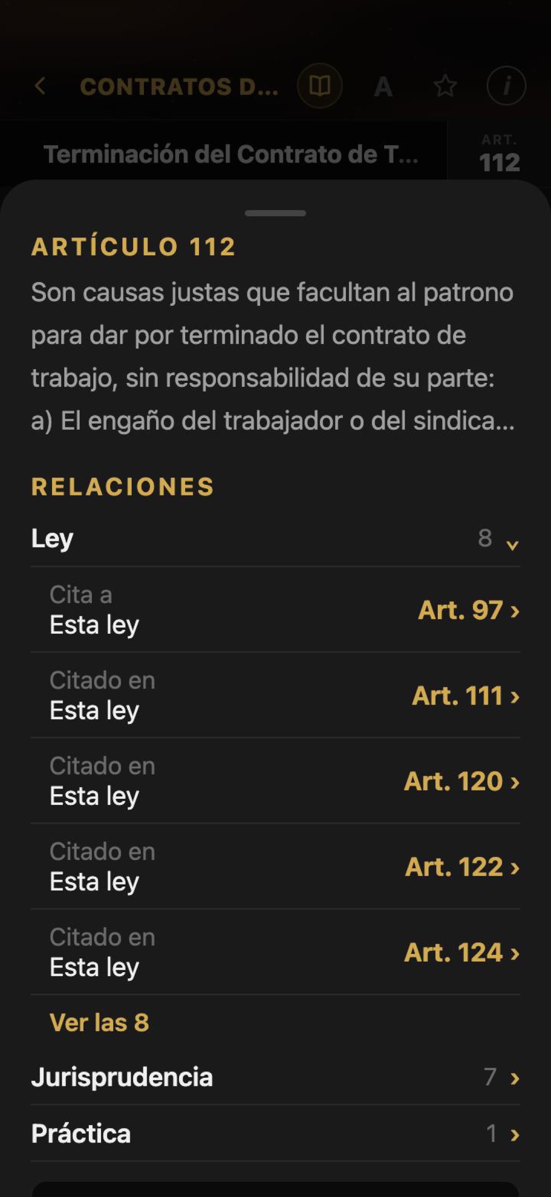 Hoja del artículo 112 con sus relaciones: el artículo que cita y los que lo citan, sus sentencias y sus plazos