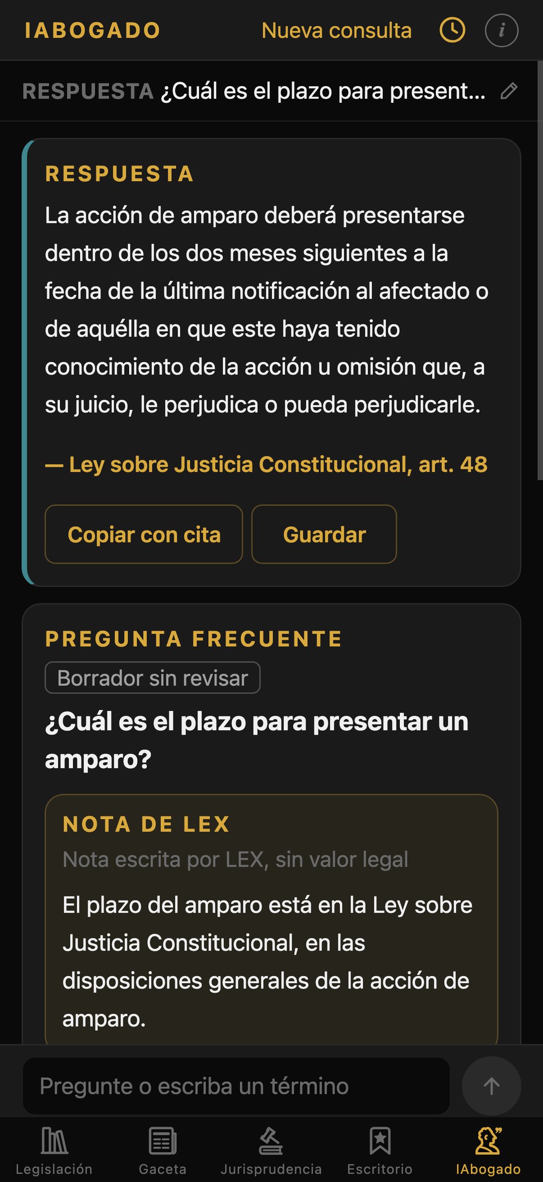 IAbogado contesta cuál es el plazo para presentar un amparo con el artículo 48 de la Ley sobre Justicia Constitucional