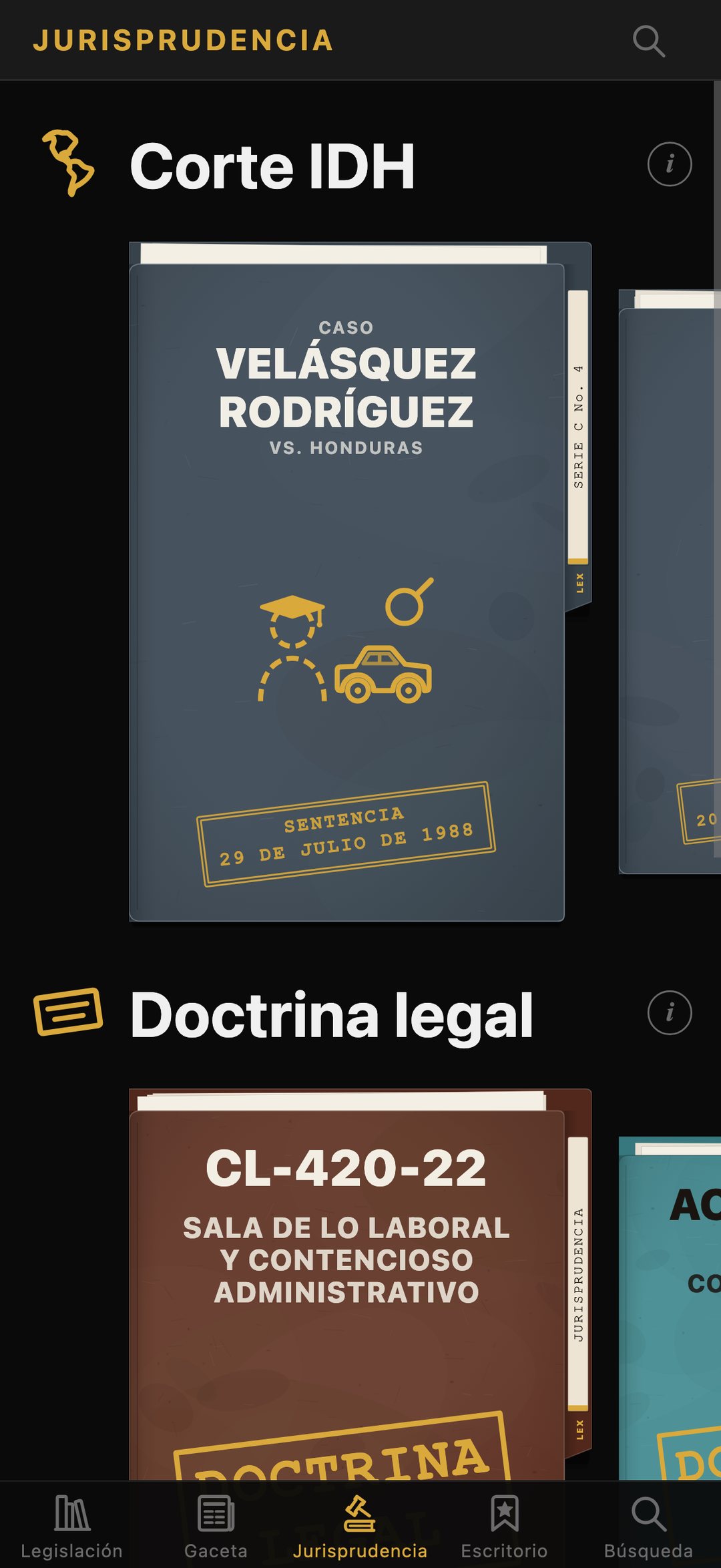 Pestaña de Jurisprudencia: la carpeta del caso Velásquez Rodríguez en Corte IDH y las de doctrina legal